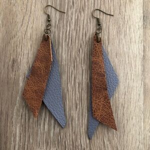 Handmade Genuine Leather Blue and Brown Hanging Earrings